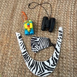 SAFARI ANIMAL ZEBRA PRINT VISOR MASK & KIDS BINOCULARS BUNDLE HALLOWEEN
